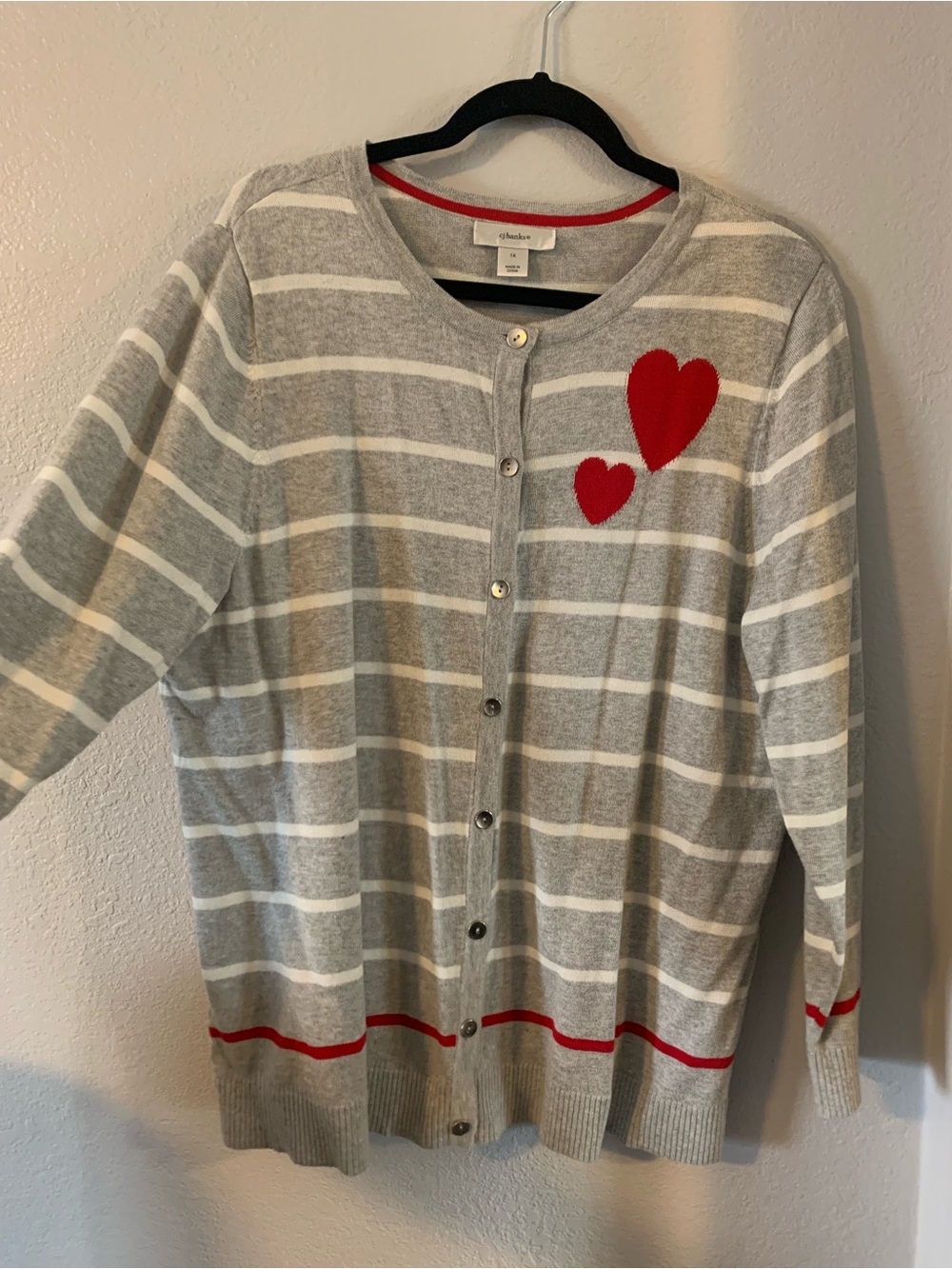 CJ Banks Gray & White Striped Cardigan with Red Heart Accents 1x